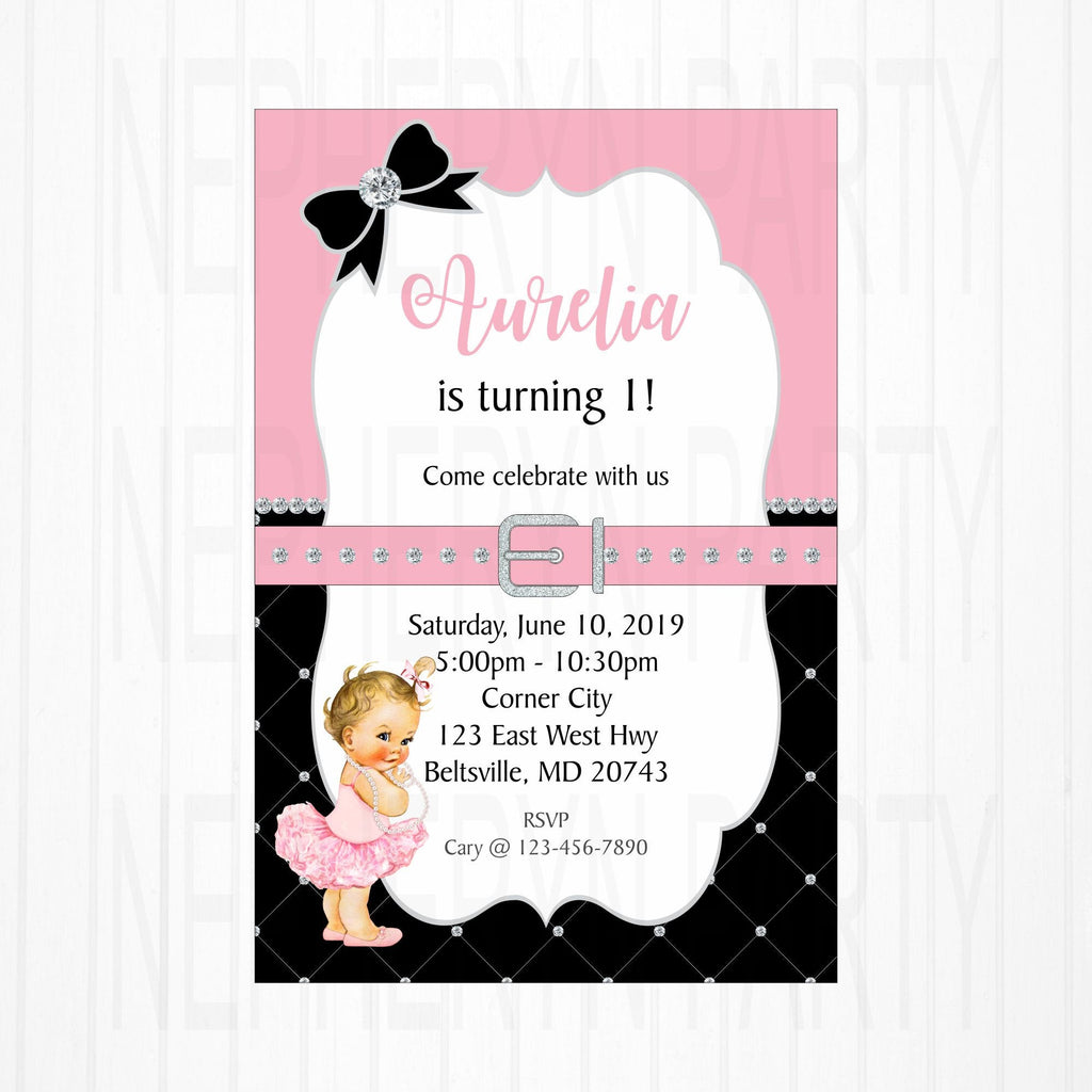 Printable Pink, Black, and Silver Baby Girl Birthday Party Invitation