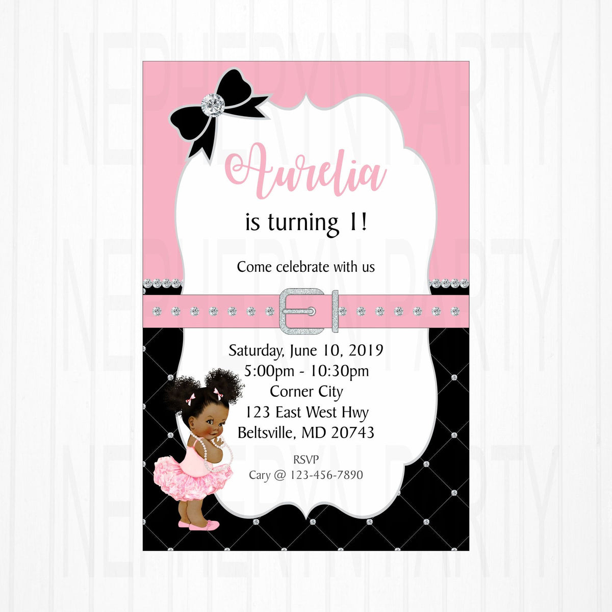 Printable Pink, Black, and Silver Baby Girl Birthday Party Invitation