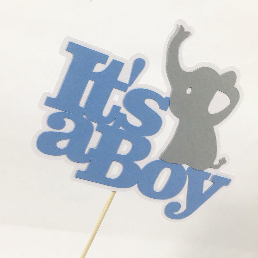 It's A Boy Elephant Cake Topper - Blue, Gray