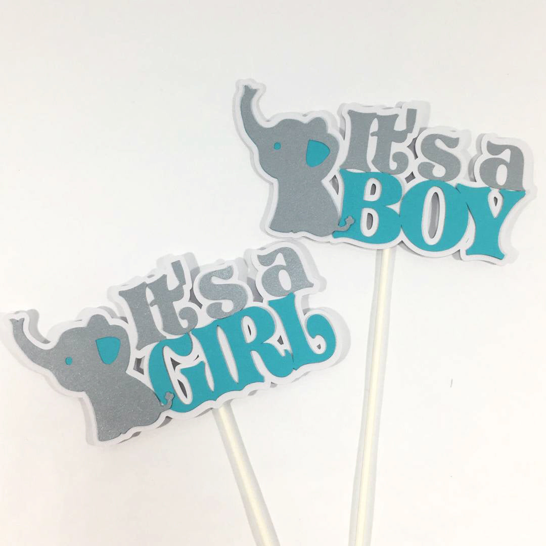 It's a Girl Elephant Centerpiece Sticks - Light Teal, Silver