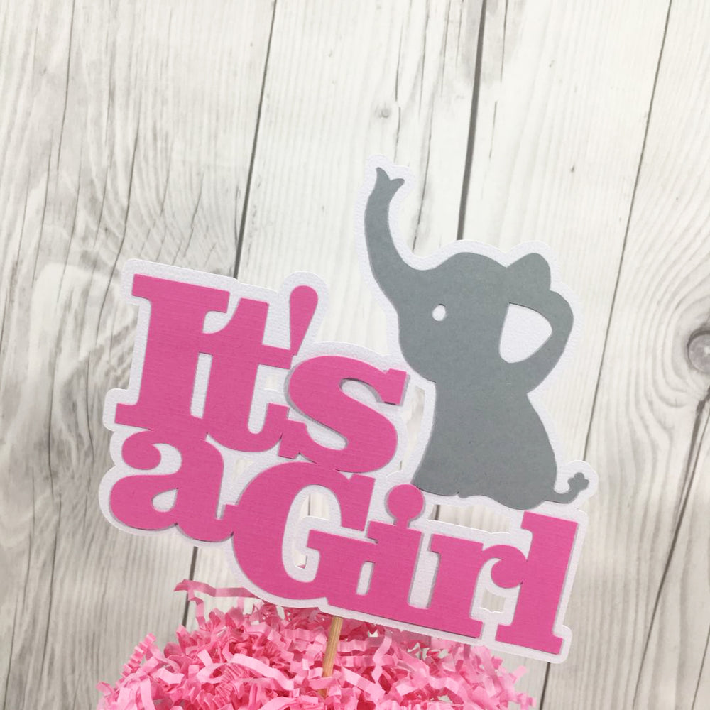 Pink & Gray It's a Girl Elephant Cake Topper