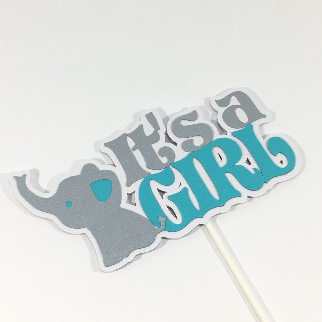 It's a Girl Elephant Centerpiece Sticks - Light Teal, Silver