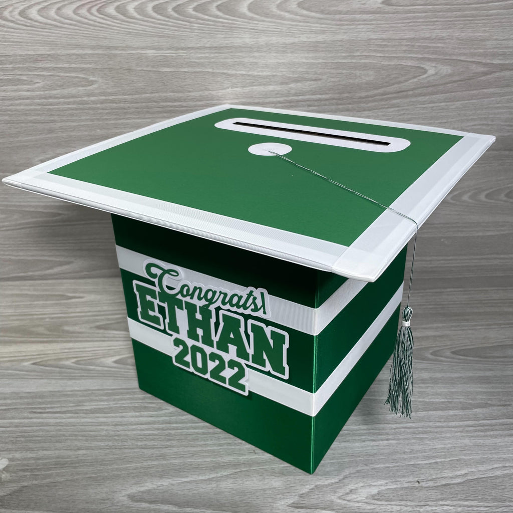 Graduation Cap Card Box - Green, White 8x8 Style 2