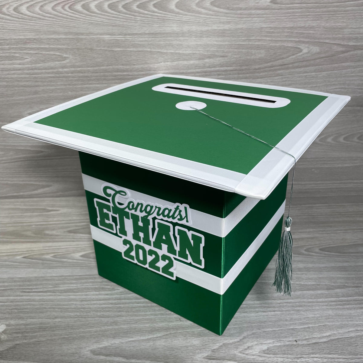 Graduation Cap Card Box - Green, White 8x8 Style 2