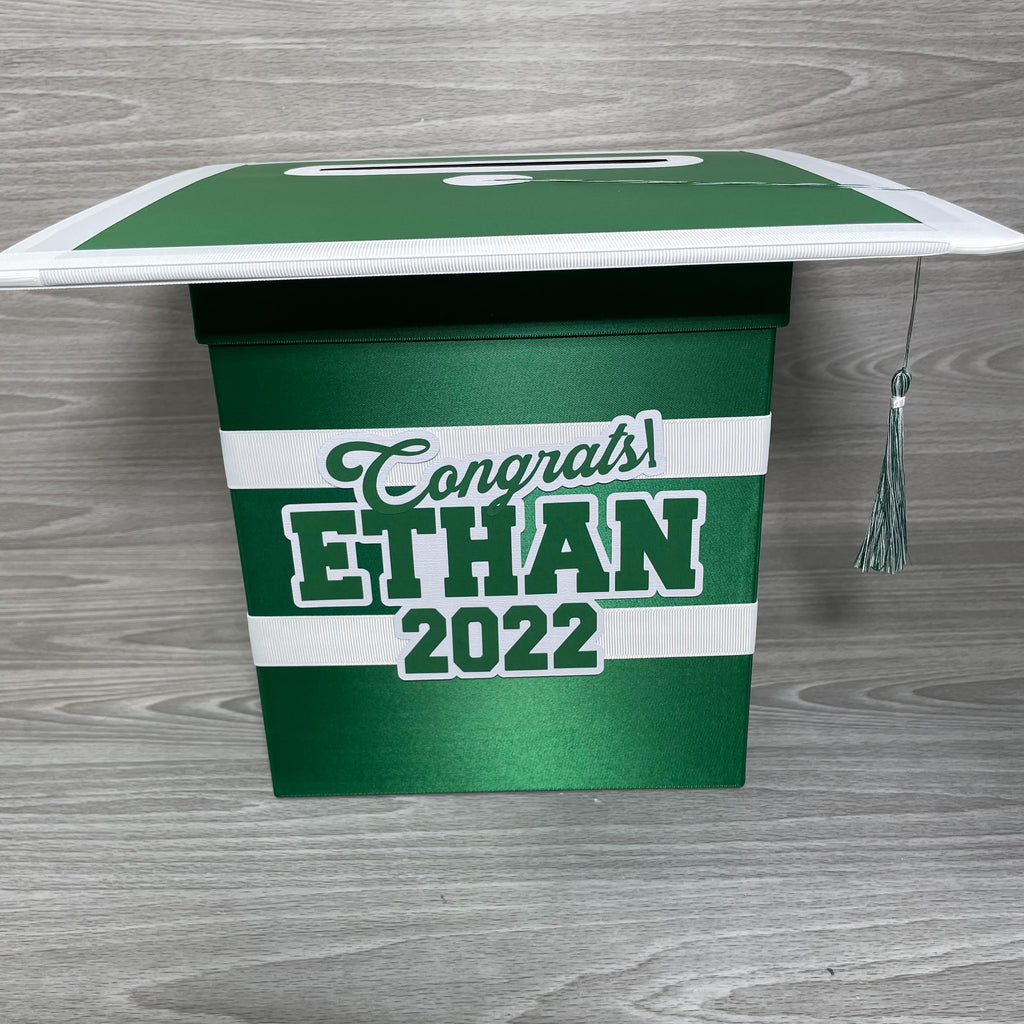 Graduation Cap Card Box - Green, White 8x8 Style 2