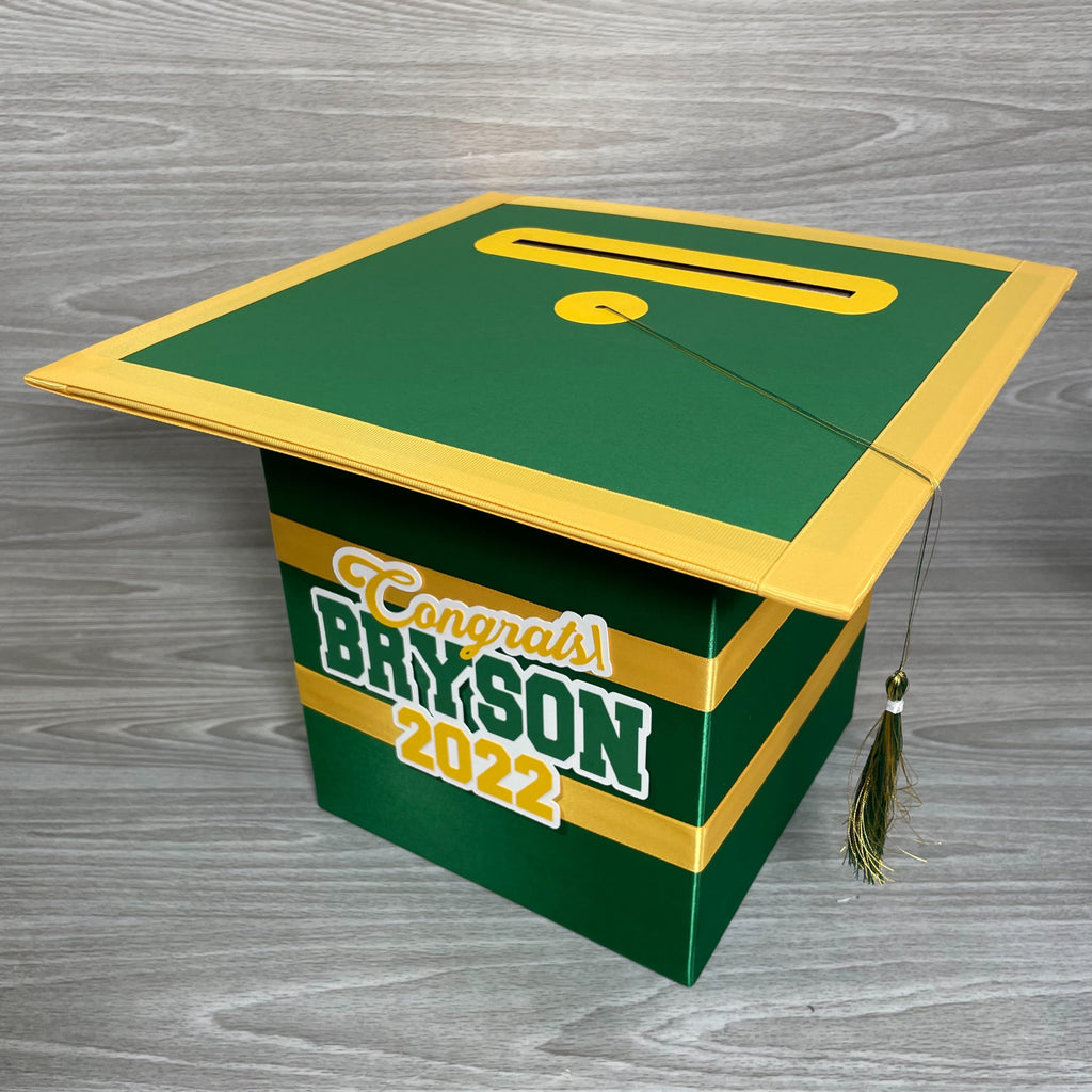 Graduation Cap Card Box - Kelly Green, Yellow Gold 8x8 Style 3