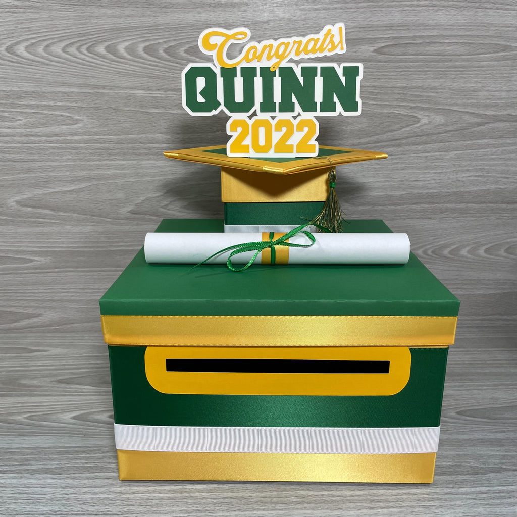 Graduation Card Box - Kelly Green, Yellow Gold 10x10