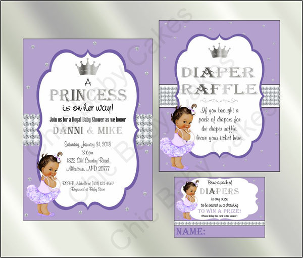 Lavender & Silver Princess Baby Shower Invite Set, Brown