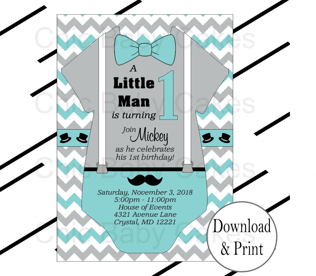 Teal & Gray Little Man Onesie Birthday Invite