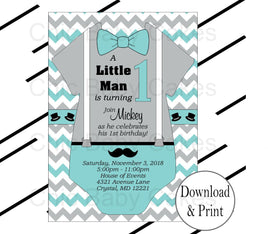 Teal & Gray Little Man Onesie Birthday Invite