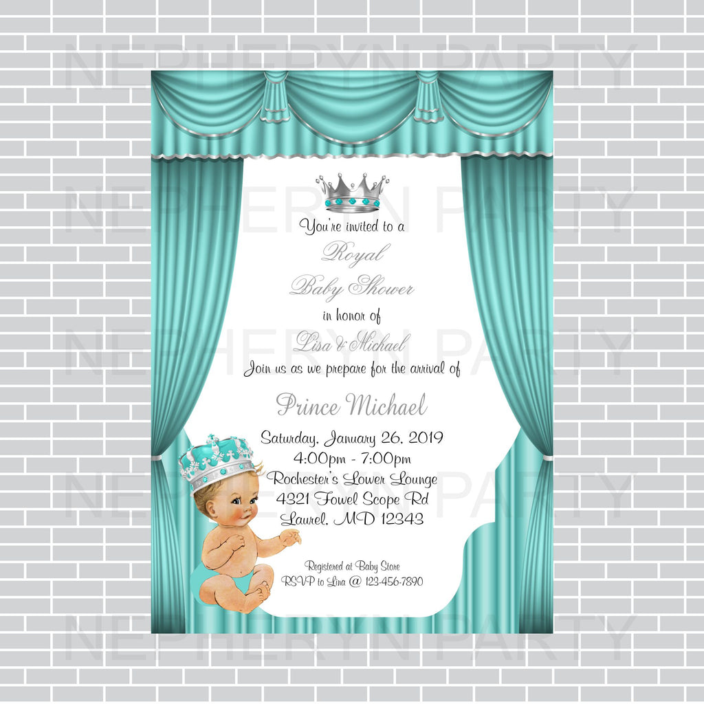 Teal & Silver Prince Baby Shower Invite, Blonde