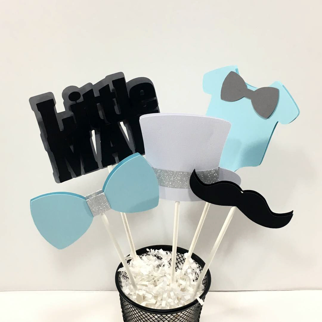 Light Blue, Silver, & Black Little Man Centerpiece Sticks