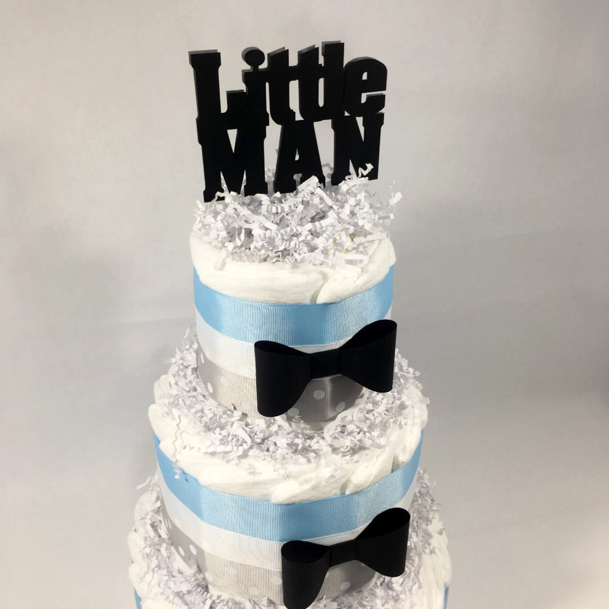 Little Man 3-Tier Diaper Cake Centerpiece, Light Blue, Gray, Black