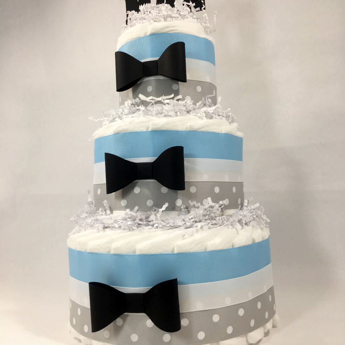 Little Man 3-Tier Diaper Cake Centerpiece, Light Blue, Gray, Black