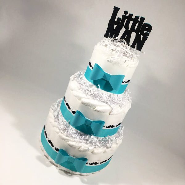 Teal & White Little Man Mustache Diaper Cake