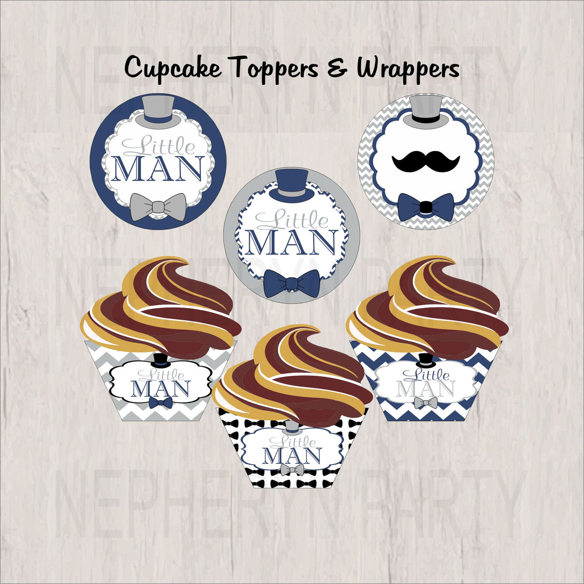 Navy & Gray Little Man Cupcake Toppers & Wrappers