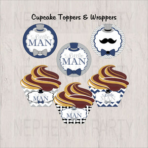 Navy & Gray Little Man Cupcake Toppers & Wrappers