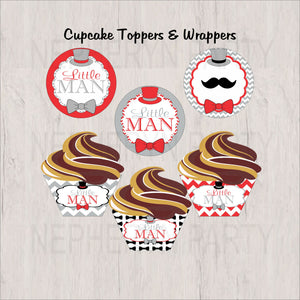 Red, Gray & Black Little Man Cupcake Toppers & Wrappers