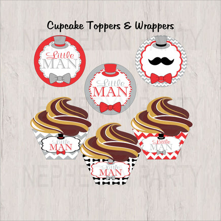 Red, Gray & Black Little Man Cupcake Toppers & Wrappers