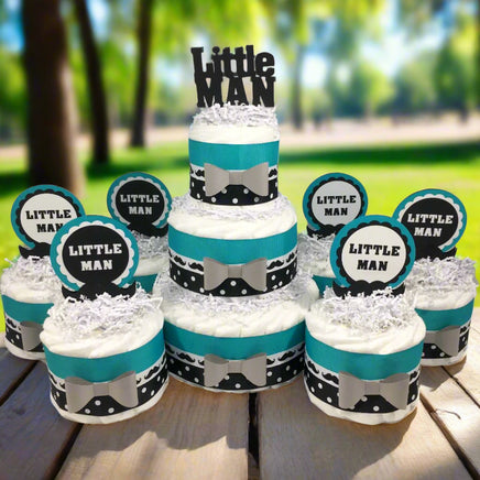 Teal & Black Little Man Diaper Cake Centerpieces