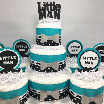 Teal & Black Little Man Diaper Cake Centerpieces