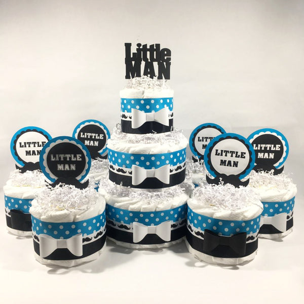 Turquoise and Black Little Man Diaper Cake Centerpiece Set