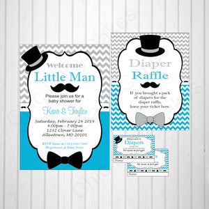 Little Man Invite & Diaper Raffle Bundle, Blue & Black