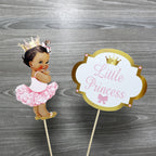 Pink & Gold Little Princess Cake Topper, Brown Hair