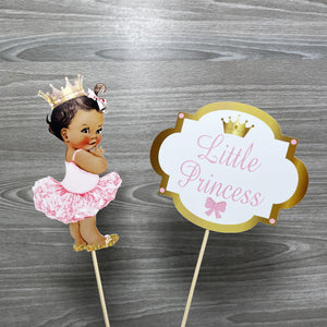 Pink & Gold Little Princess Cake Topper, Brown Hair