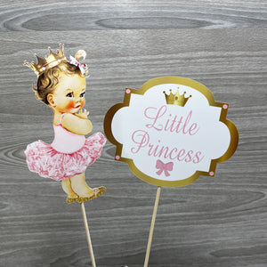 Pink & Gold Little Princess Centerpiece Sticks, Brunette Hair