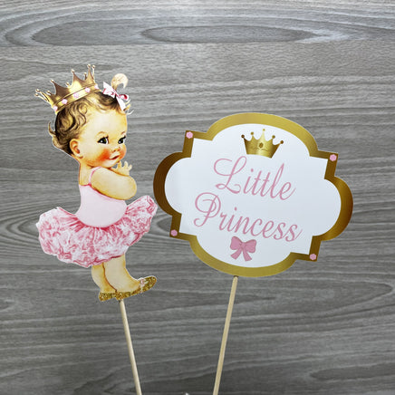 Pink & Gold Little Princess Centerpiece Sticks, Brunette Hair