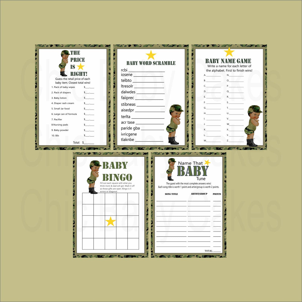 Green Camouflage Army Baby Shower Games