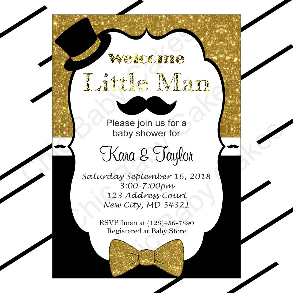 Black, Gold Little Man Invitation & Diaper Raffle