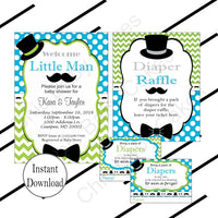 Little Man Invite & Diaper Raffle, Turquoise & Lime Green
