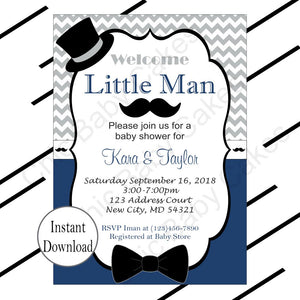 Navy & Gray Little Man Baby Shower Invite