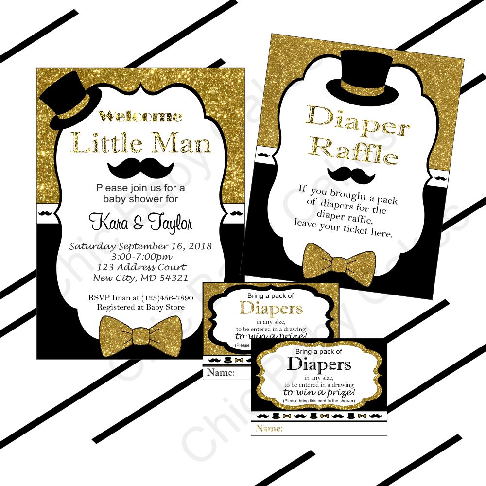 Black & Gold Little Man Invitation & Diaper Raffle