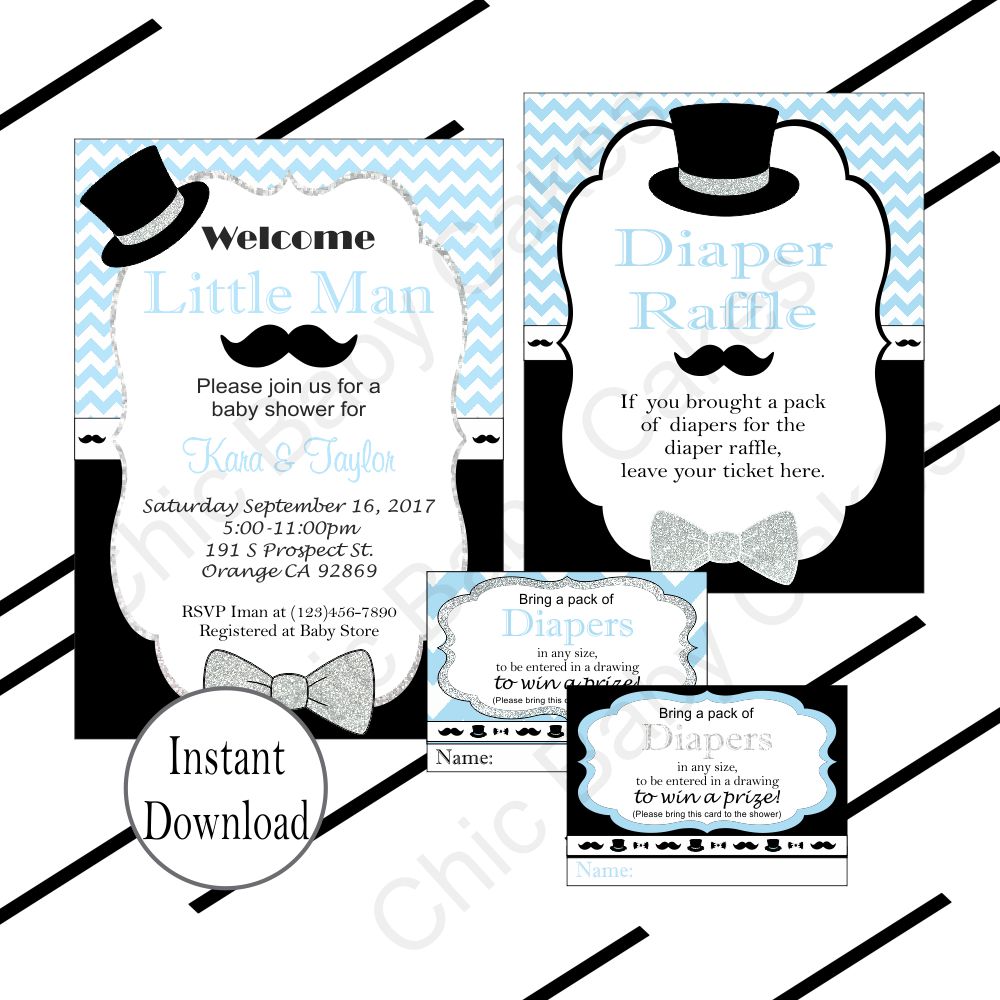 Light Blue & Black Little Man Baby Shower Invite Set