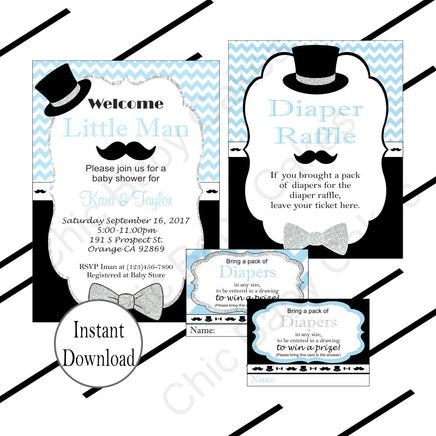 Light Blue & Black Little Man Baby Shower Invite Set
