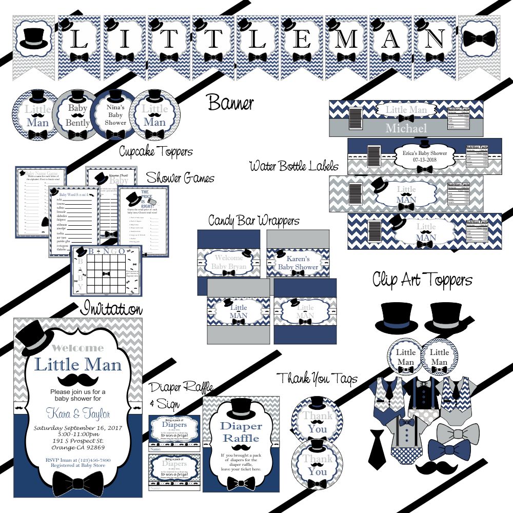 Navy & Gray Little Man Baby Shower Decoration Pack