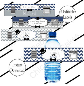 Navy & Gray Little Man Baby Shower Water Bottle Labels