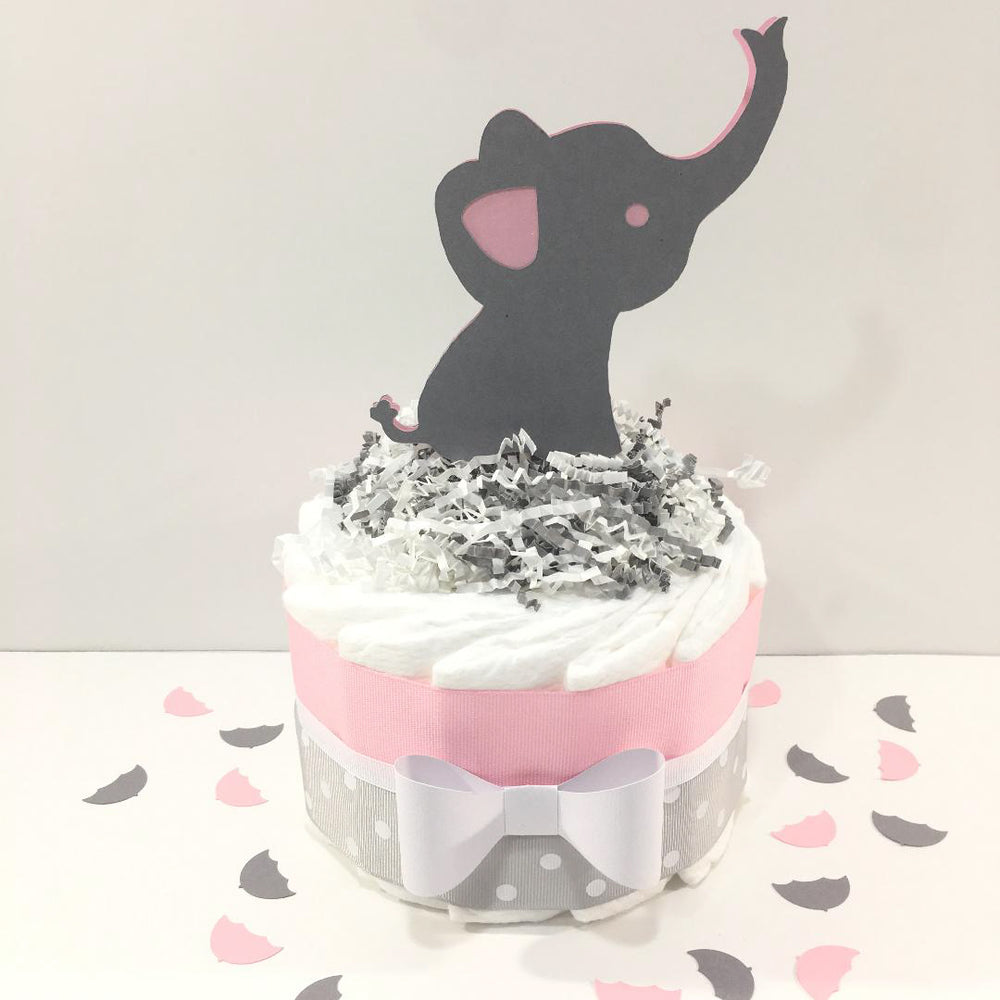 Pink & Gray Girl Elephant Baby Shower Diaper Cake
