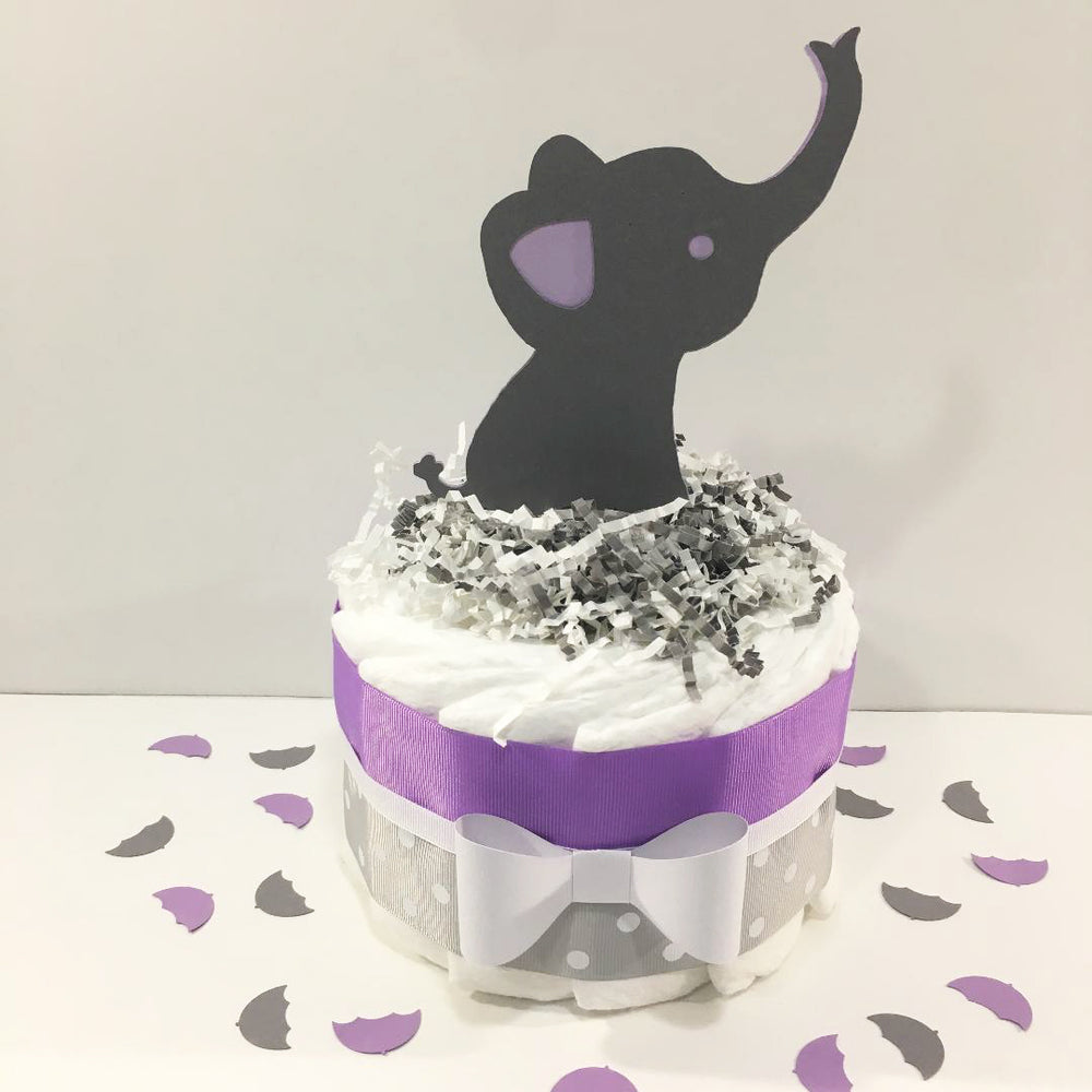 Lavender & Gray Girl Elephant Baby Shower Diaper Cake