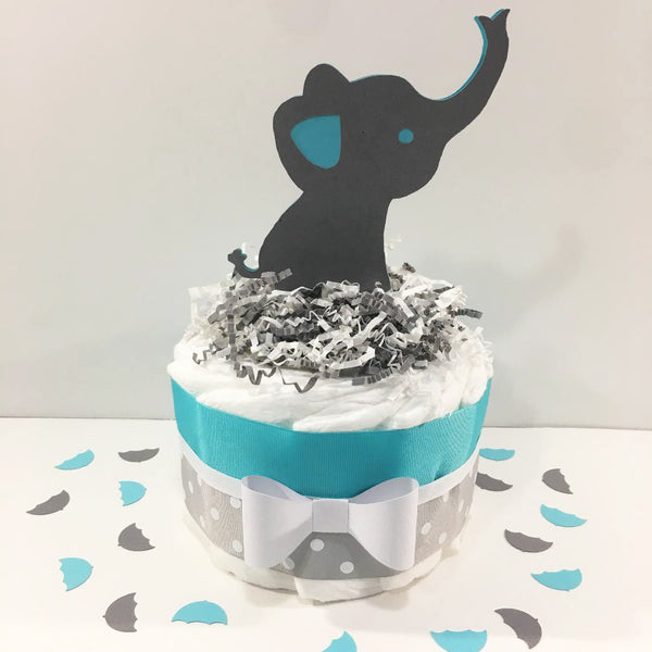 Teal & Gray Boy Elephant Baby Shower Diaper Cake