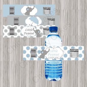 Blue & Gray Little Peanut Baby Shower Water Bottle Labels