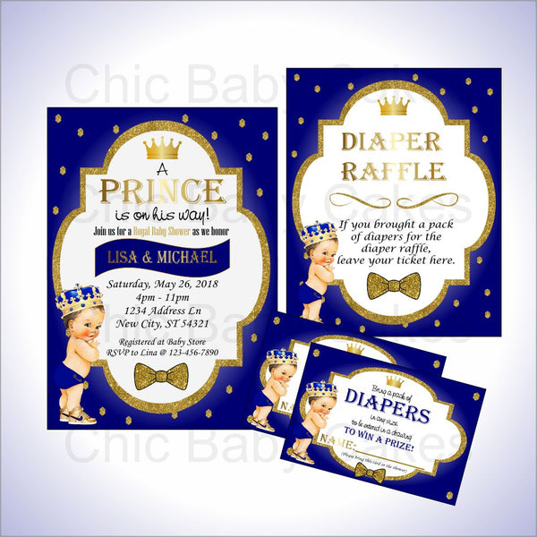 Blue & Gold Royal Prince Baby Shower Invite Set, Brunette