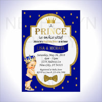 Blue and Gold Little Prince Baby Shower Invite, Brunette