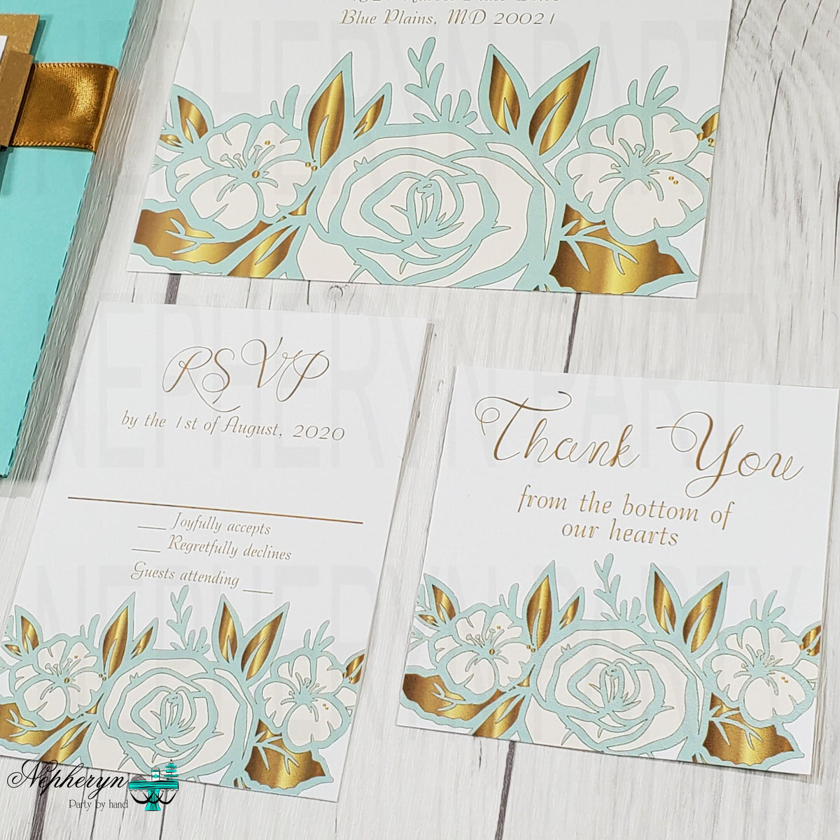 Mint & Gold Floral Wedding Invitation Set