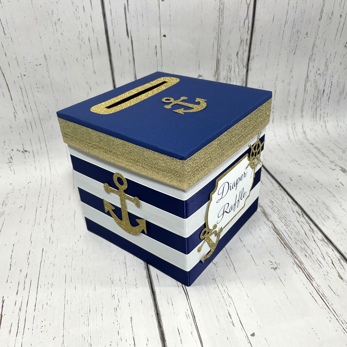 Nautical Diaper Raffle Ticket Box, Navy & Gold