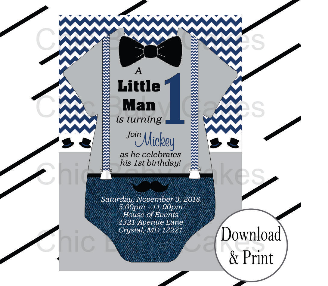 Navy & Gray Little Man Onesie Birthday Invite
