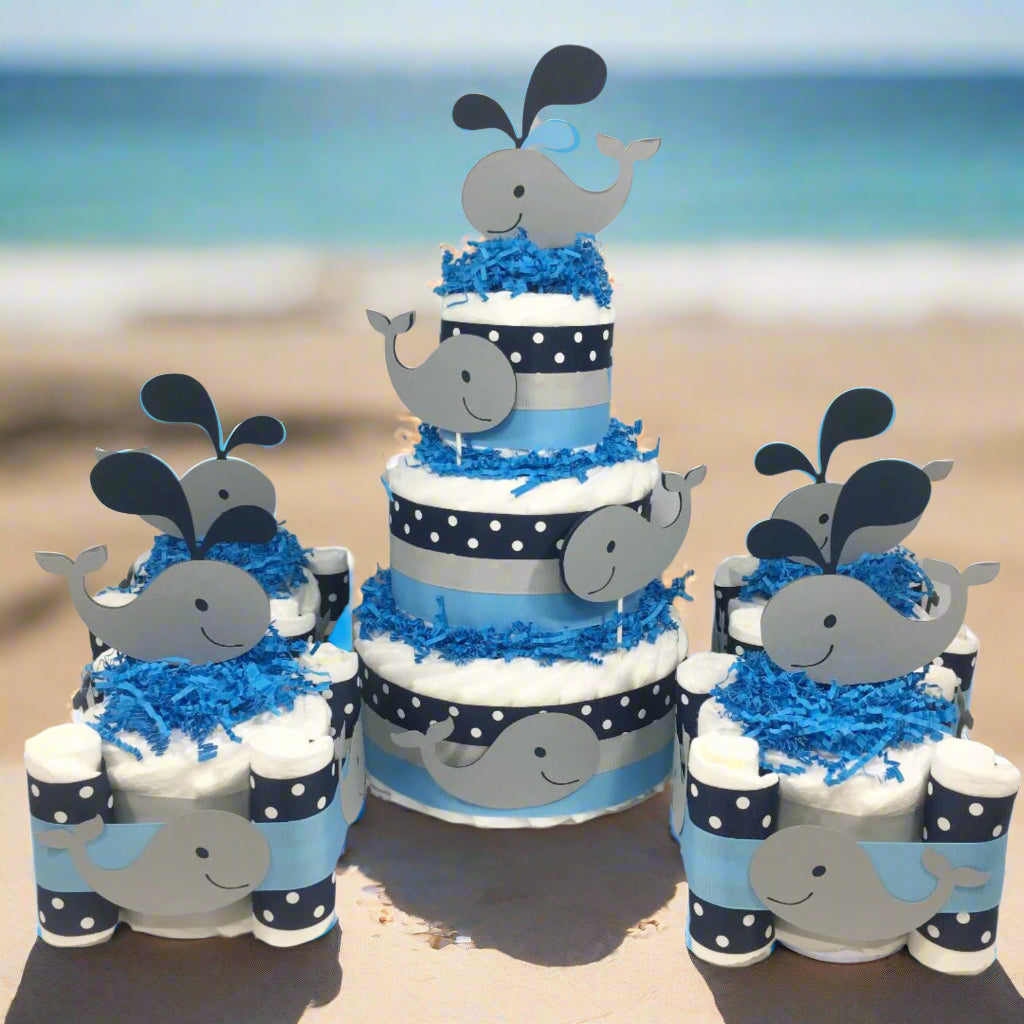 Whale Diaper Cake Centerpieces, Blue, Gray, image size:1024x1024